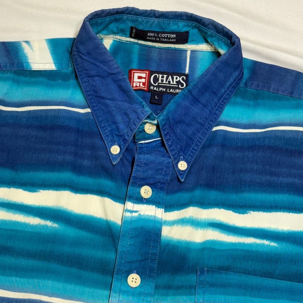 Chaps Ralph Lauren Shirt Men Large Blue Abstract Wave Stripe Short Sleeve Cotton
